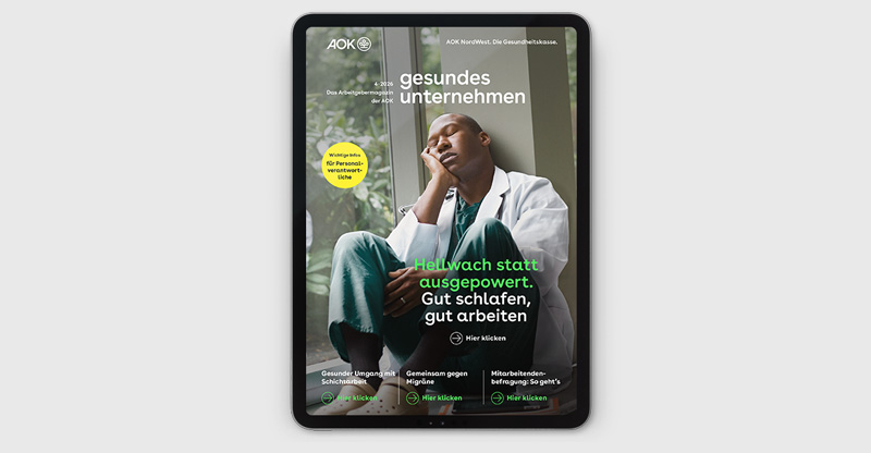 gesundes unternehmen Ausgabe 4-2026: Eine Person im Arztkittel ist sichtbar, sie macht Pause und schließt die Augen dabei. gesundes unternehmen Ausgabe 4-2026: Eine Person im Arztkittel ist sichtbar, sie macht Pause und schließt die Augen dabei.