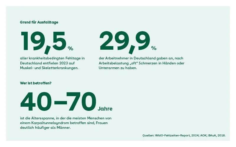 Infografik zu Ausfalltagen durch Muskel-Skelett-Erkrankungen: 19,5 Prozent aller krankheitsbedingten Fehltage entfielen 2023 darauf, 29,9 Prozent der Arbeitnehmer klagen nach Arbeitsbelastung über Schmerzen in Händen oder Unterarmen, betroffen sind vor allem Menschen zwischen 40 und 70 Jahren (Quellen: WIdO-Fehlzeiten-Report, 2024; AOK; BAuA, 2018)