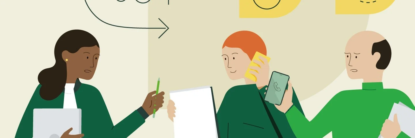 Illustration: Menschen mit Aktenordnern sprechen miteinander und telefonieren gleichzeitig.