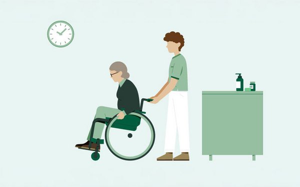 Illustration: Pflegekraft schiebt Bewohnenden im Rollstuhl