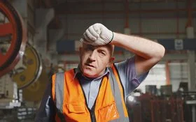 Bauarbeiter wischt sich den Schweiß von der Stirn