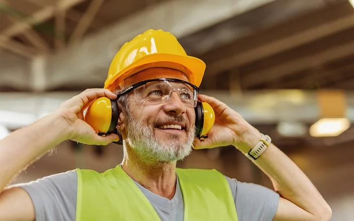 Ein lächelnder Bauarbeiter mit Helm hebt mit beiden Händen seine Ohrenschützer von den Ohren und blickt nach oben.