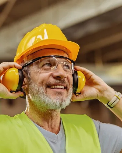 Ein lächelnder Bauarbeiter mit Helm hebt mit beiden Händen seine Ohrenschützer von den Ohren und blickt nach oben.