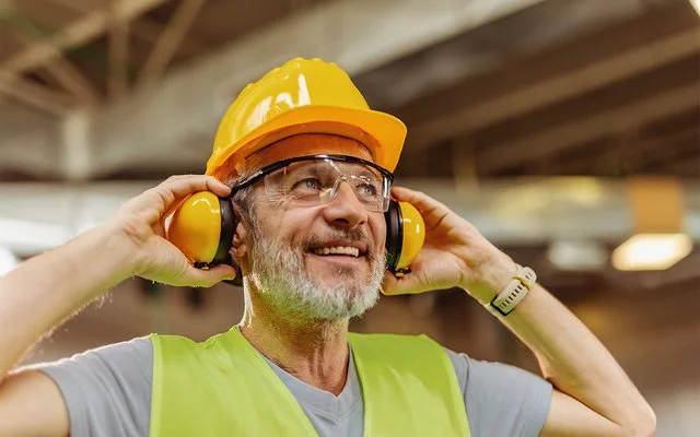 Ein lächelnder Bauarbeiter mit Helm hebt mit beiden Händen seine Ohrenschützer von den Ohren und blickt nach oben.