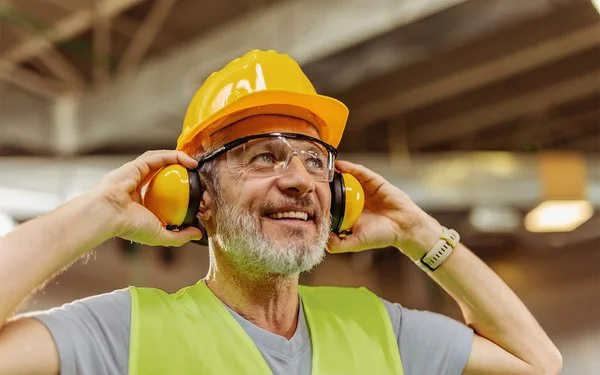 Ein lächelnder Bauarbeiter mit Helm hebt mit beiden Händen seine Ohrenschützer von den Ohren und blickt nach oben.