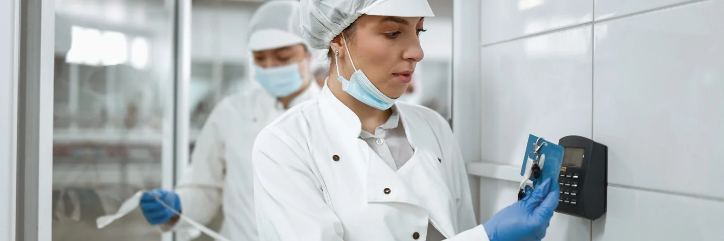 Mitarbeiterin checkt in einen Reinraum-Arbeitsbereich ein