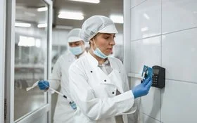 Mitarbeiterin checkt in einen Reinraum-Arbeitsbereich ein