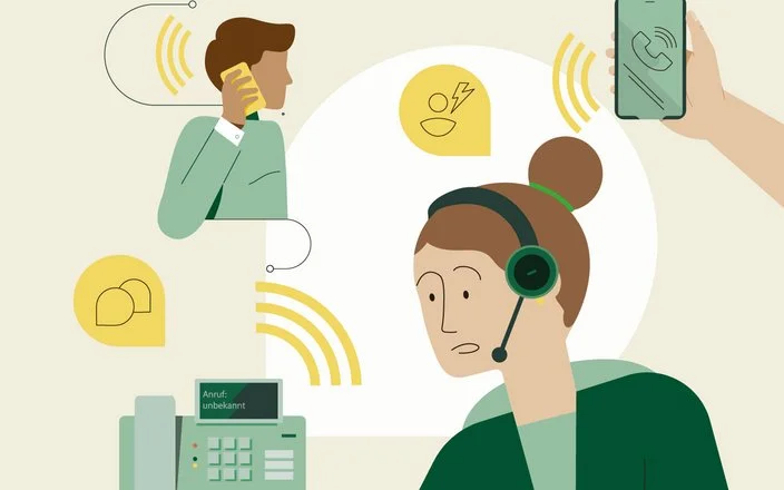 Gestresst telefonieren – eine Illustration.