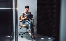 Frau auf Bürodrehstuhl mit digitalem Gerät