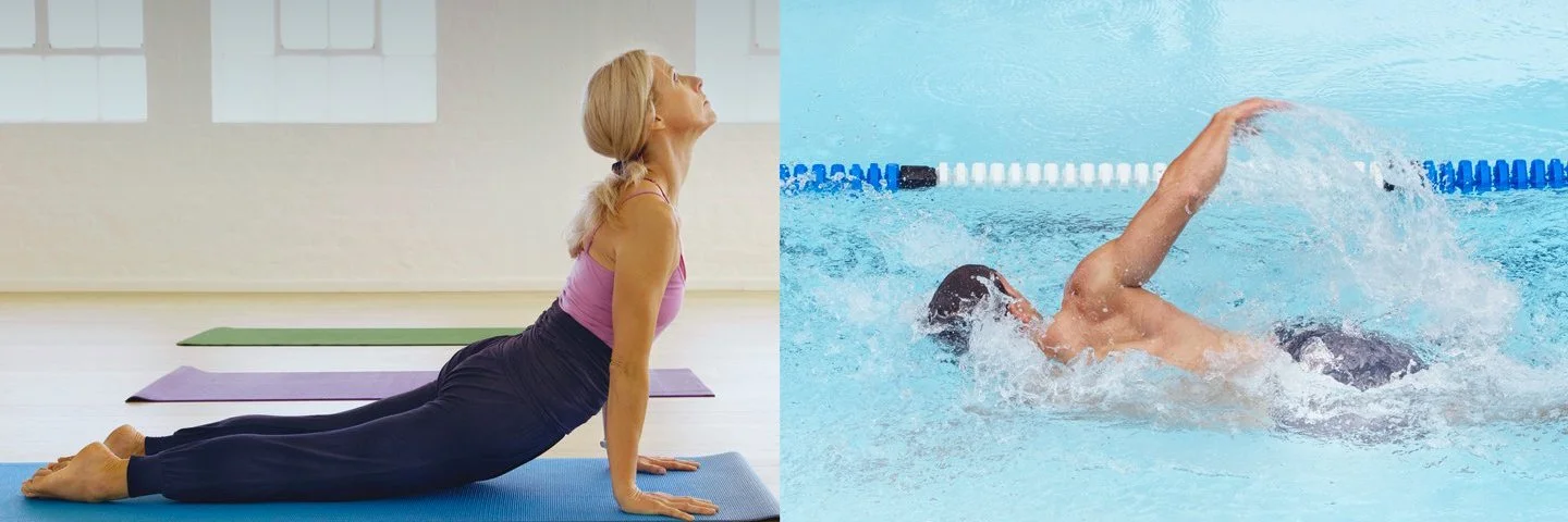 Splitscreen: Ein Mann beim Schwimmen, eine Frau auf der Yoga-Matte