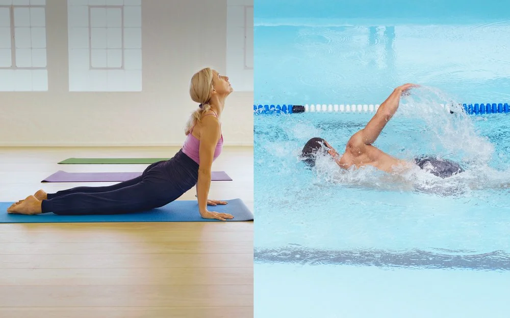 Splitscreen: Ein Mann beim Schwimmen, eine Frau auf der Yoga-Matte