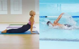 Splitscreen: Ein Mann beim Schwimmen, eine Frau auf der Yoga-Matte