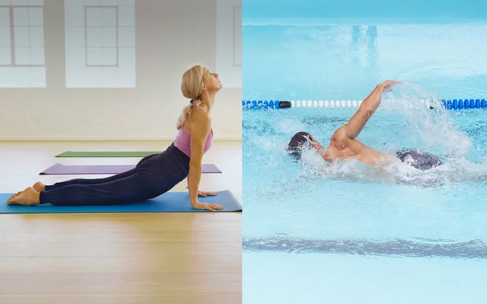 Splitscreen: Ein Mann beim Schwimmen, eine Frau auf der Yoga-Matte
