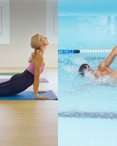 Splitscreen: Ein Mann beim Schwimmen, eine Frau auf der Yoga-Matte