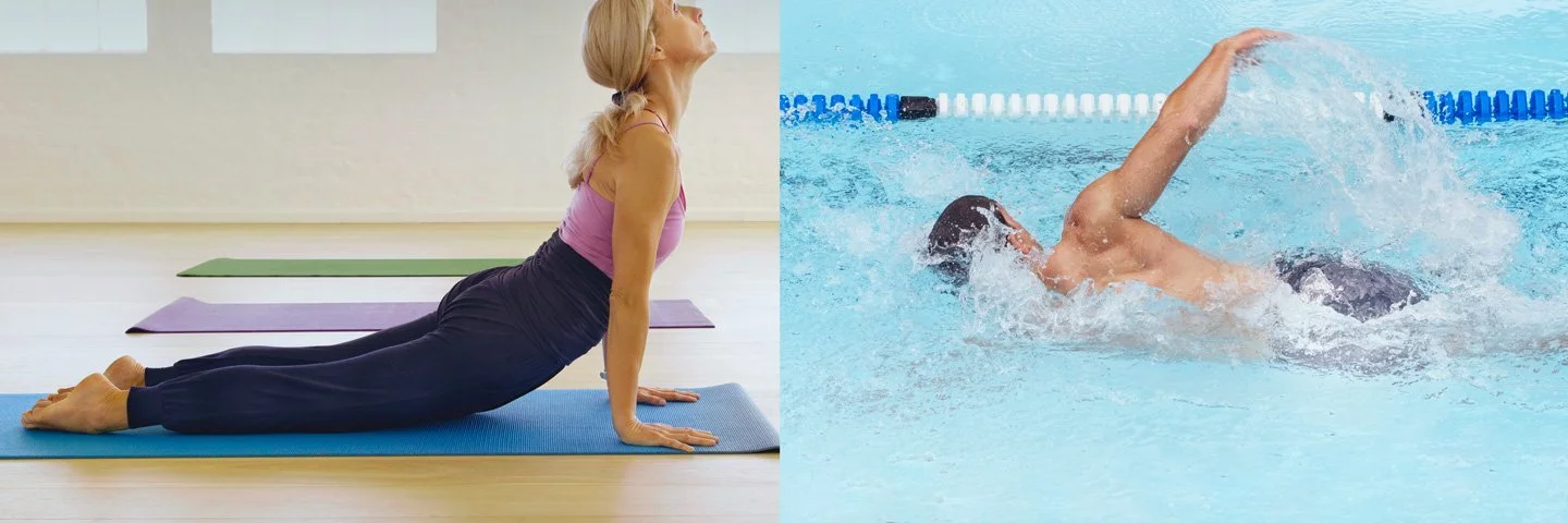 Splitscreen: Ein Mann beim Schwimmen, eine Frau auf der Yoga-Matte