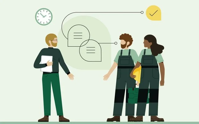 Eine Illustration zeigt Menschen in Arbeitskleidung mit unterschiedlichen Hautfarben, die miteinander sprechen.