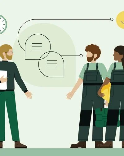 Eine Illustration zeigt Menschen in Arbeitskleidung mit unterschiedlichen Hautfarben, die miteinander sprechen.