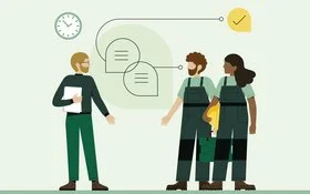 Eine Illustration zeigt Menschen in Arbeitskleidung mit unterschiedlichen Hautfarben, die miteinander sprechen.