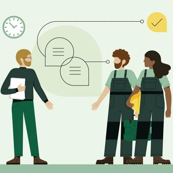 Eine Illustration zeigt Menschen in Arbeitskleidung mit unterschiedlichen Hautfarben, die miteinander sprechen.