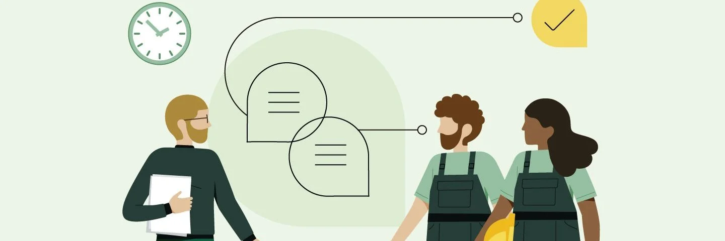 Eine Illustration zeigt Menschen in Arbeitskleidung mit unterschiedlichen Hautfarben, die miteinander sprechen.
