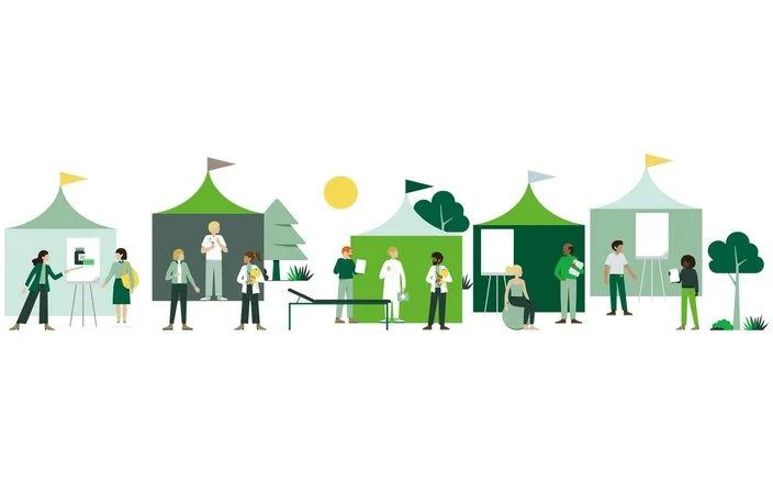 Menschen auf einer Gesundheitsmesse (Illustration).