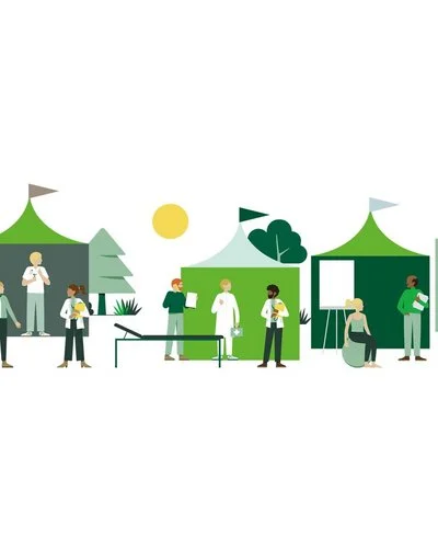 Menschen auf einer Gesundheitsmesse (Illustration).