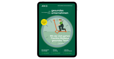 gesundes unternehmen Ausgabe 1-2026: Grafik zeigt Handwerkerin in großer Uhr, die auf dem Stundenzeiger steht gesundes unternehmen Ausgabe 1-2026: Grafik zeigt Handwerkerin in großer Uhr, die auf dem Stundenzeiger steht