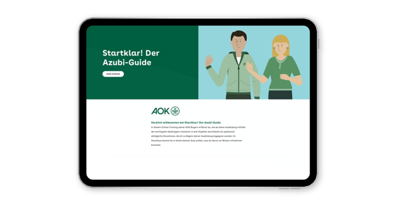 Startklar! Der Azubi-Guide Die Grafik zeigt zwei Auszubildende in grüner Kleidung vor hellblauem Hintergrund und trägt den Titel „Startklar! Der Azubi-Guide“.