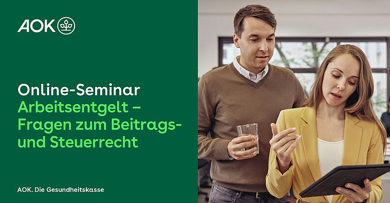 Online-Seminar „Arbeitsentgelt“: Mann und Frau schauen auf ein Tablet
