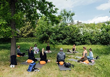 Projekt ABiK der Uni Leipzig: eine Gruppe aus Männern und Frauen, die auf einer Wiese im Kreis sitzt und meditiert Projekt ABiK der Uni Leipzig: eine Gruppe aus Männern und Frauen, die auf einer Wiese im Kreis sitzt und meditiert