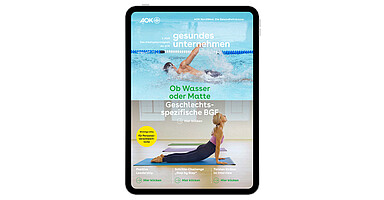 gesundes unternehmen Ausgabe 3-2025: Zweigeteiltes Bild zeigt oben einen Schwimmer und unten eine Frau beim Yoga