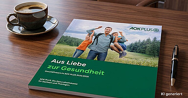 Auf einem Schreibtisch liegt ein Heft zum Geschäftsbericht 2025/2026 der AOK PLUS.
