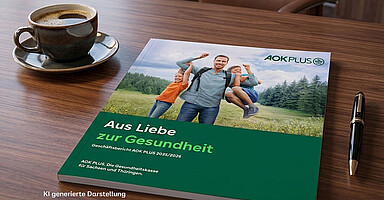Geschäftsbericht 2025/2026 Auf einem Schreibtisch liegt ein Heft zum Geschäftsbericht 2025/2026 der AOK PLUS.