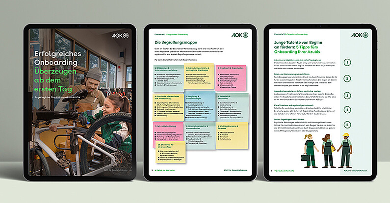 Onboarding von Fachkräften: Der Onboarding Guide ist mit einer Ansicht der ersten drei Seiten abgebildet Onboarding von Fachkräften: Der Onboarding Guide ist mit einer Ansicht der ersten drei Seiten abgebildet