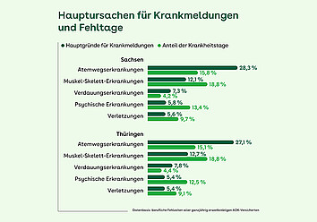 Balkendiagramm zu den Hauptursachen für Krankmeldungen und Fehltage in Sachsen und Thüringen. Es vergleicht Fallzahlen und Dauer bei Atemwegs-, Muskel-Skelett-, Verdauungs-, psychischen Erkrankungen sowie Verletzungen.