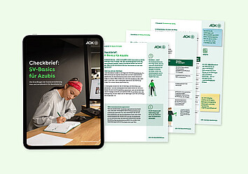 Checkbrief für Azubis Das Titelblatt des Checkbriefs für Azubis zeigt eine junge Frau mit rotem Bandana am Schreibtisch, die konzentriert mit einem Stift in ein Notizbuch schreibt.