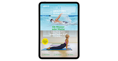 gesundes unternehmen Ausgabe 3-2025: Zweigeteiltes Bild zeigt oben einen Schwimmer und unten eine Frau beim Yoga