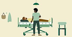 Tipps für mehr Ergonomie bei pflegenden Tätigkeiten: Arbeitshöhe und Heben: Ein Pfleger passt die Höhe eines Krankenbetts an.