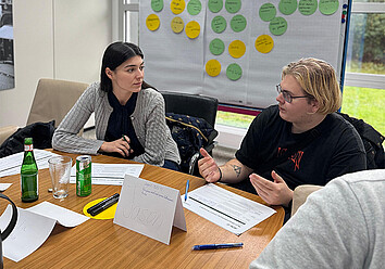 TST Career Starter: Zwei Personen sitzen vor einer Pinnwand mit Notizen