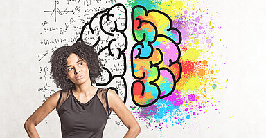 Thoughtful African American woman, brain sketch