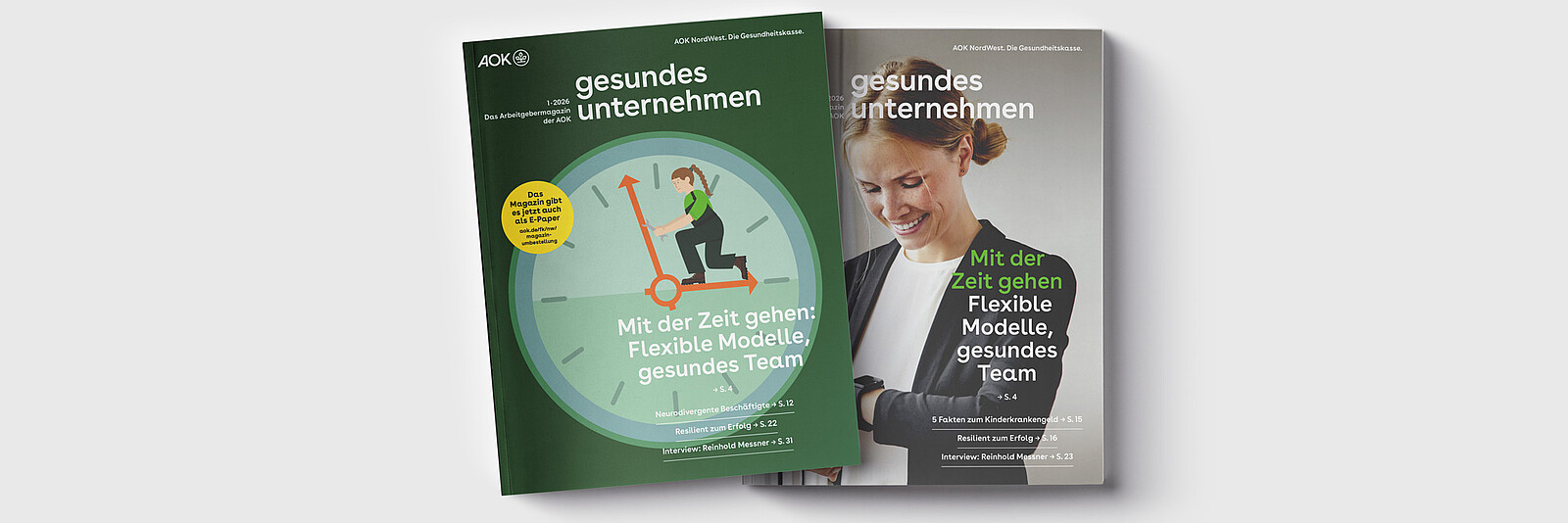 gesundes unternehmen Ausgabe 1-2026: Grafik zeigt Handwerkerin in großer Uhr, die auf dem Stundenzeiger steht