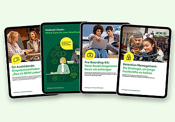 Das AOK-Ausbildungs-Plus-Unterstützungspaket: Eine Übersicht der vier Bestandteile, bestehend aus dem Strategie-Paper, dem Pre-Boarding-Kit, dem Gesprächsleitfaden für Motivationsgespräche und dem Halbzeit-Check für Azubis.