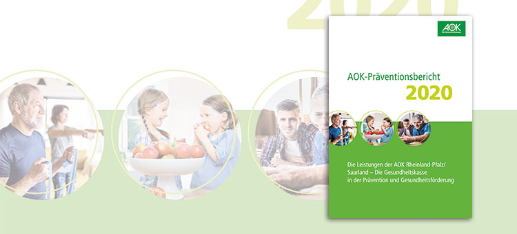 AOK legt Präventionsbericht vor. Das Cover eines Flyers mit drei Fotomotiven zu Sport, Familie und Arbeitswelt.