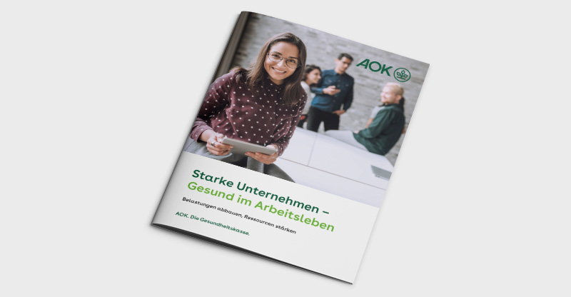 Die AOK-Broschüren zur Betrieblichen Gesundheitsförderung (BGF): Vier Titelbilder von BGF-Broschüren
