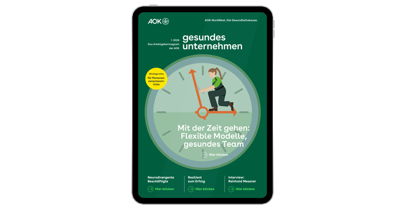 gesundes unternehmen Ausgabe 1-2026: Grafik zeigt Handwerkerin in großer Uhr, die auf dem Stundenzeiger steht