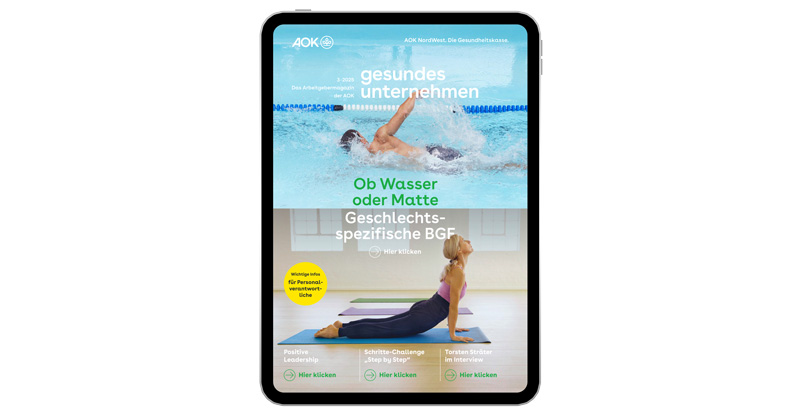 gesundes unternehmen Ausgabe 3-2025: Zweigeteiltes Bild zeigt oben einen Schwimmer und unten eine Frau beim Yoga