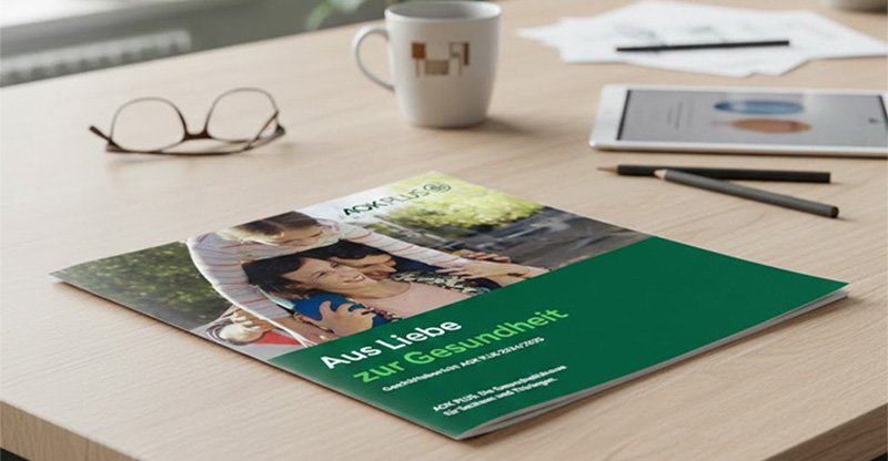 Geschäftsbericht 2024/2025 Zu sehen ist ein Schreibtisch in einem Büroraum auf dem der gedruckte Geschäftsbericht 2024/2025 liegt.