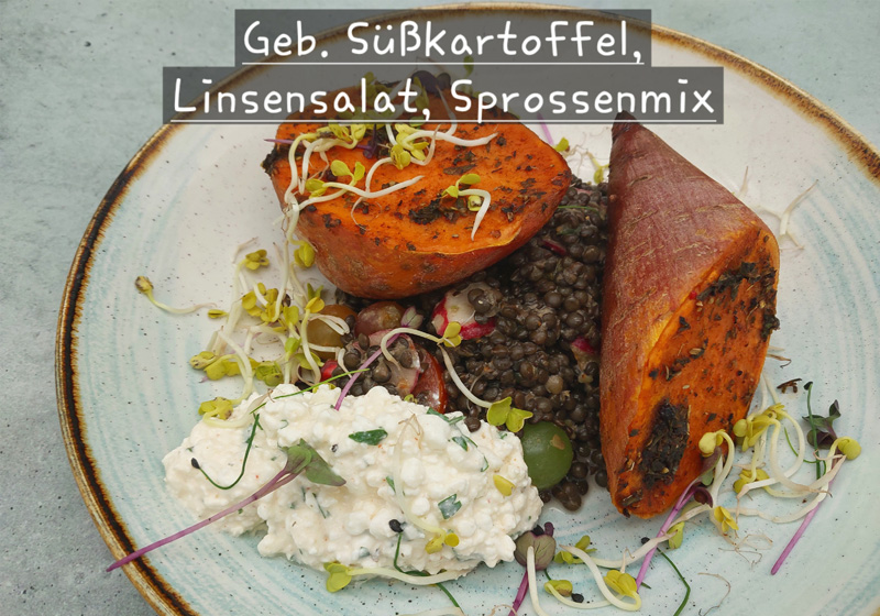 Auf einem Teller ist ein Gericht aus gebratenen Süßkartoffeln, Linsensalat und einem Sprossenmix angerichtet 
