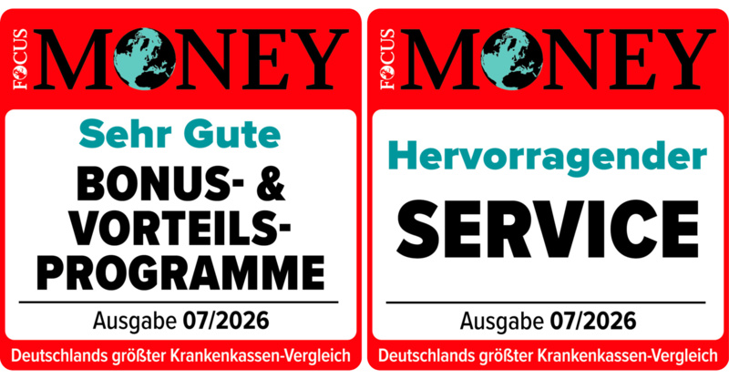 Ausgezeichnete Krankenkasse Zwei Siegel der Focus Money: Auf den Siegeln wird die AOK Hessen mit den Noten sehr gut und hervorragend bewertet.
