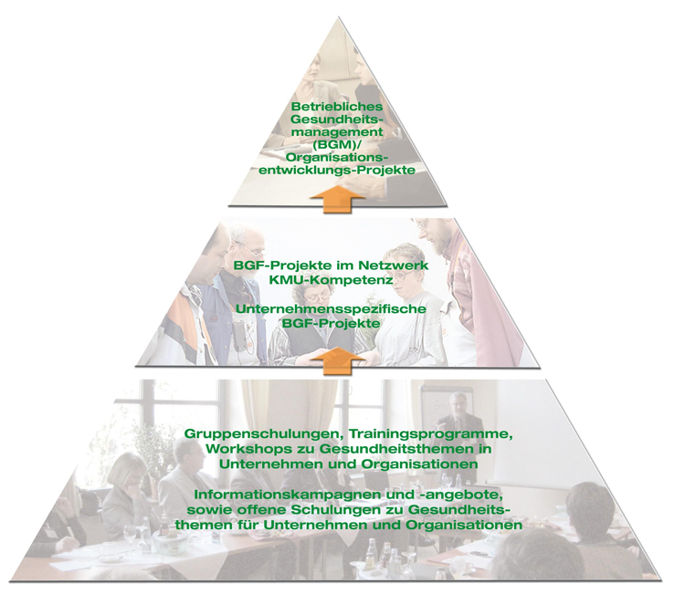 Die Maßnahmen zur Betrieblichen Gesundheitsförderung mit der AOK bauen aufeinander auf und ermöglichen perspektivisch ein nachhaltiges Betriebliches Gesundheitsmanagement. Die Pyramide zeigt, wie Workshops, Schulungen und Informationsveranstaltungen als Einstieg über die Planung von BGF-Maßnahmen zu einem nachhaltigen Betrieblichen Gesundheitsmanagement führen.